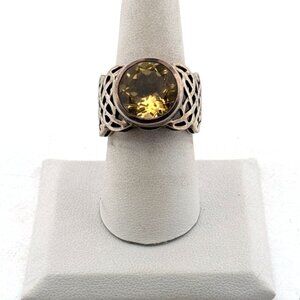 Estate Sterling Silver 925 Celtic Wide Band Ring w/ Yellow Gemstone, Size 8